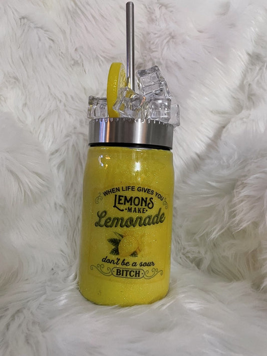 17 oz mason Jar glitter lemonade stainless steel with ice topper included
