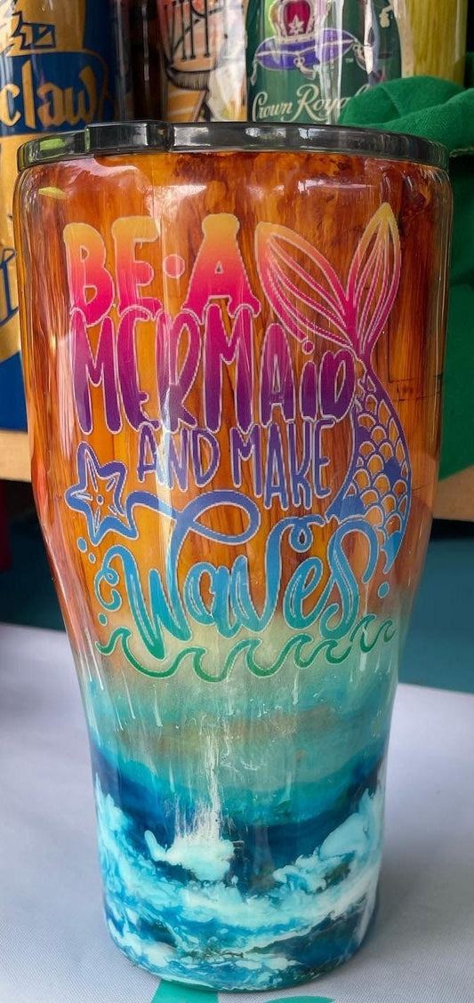 mermaid, 30ounce tumbler, stainless steel, wood grain, multi color, waves